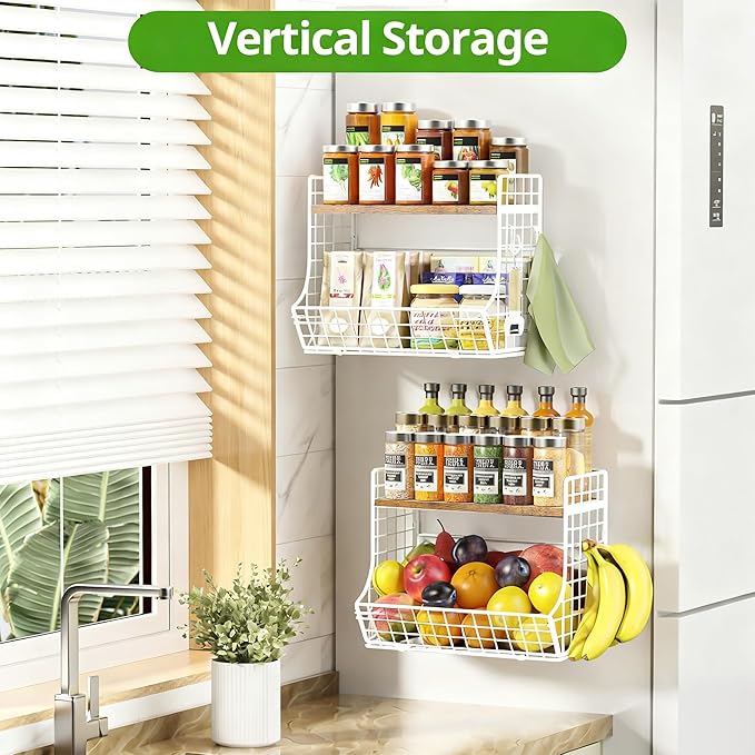 Magnetic Shelf for Fridge with Wood Lid, Fruit Potato and Onion Storage Bins, Pantry Organizers and Storage, Strong Magnetic Spice Rack for Refrigerator, Kitchen Counter and Laundry Room (Large)