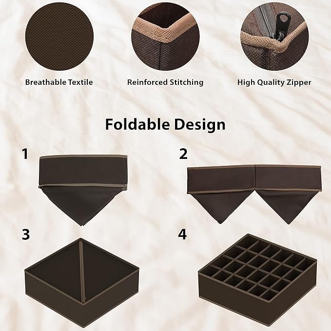 Simple Houseware 4-Pack Drawer Organizer Set - Closet Dividers for Underwear, Socks, Bras, Scarves, Ties - Foldable Non-Woven Storage Boxes, Brown