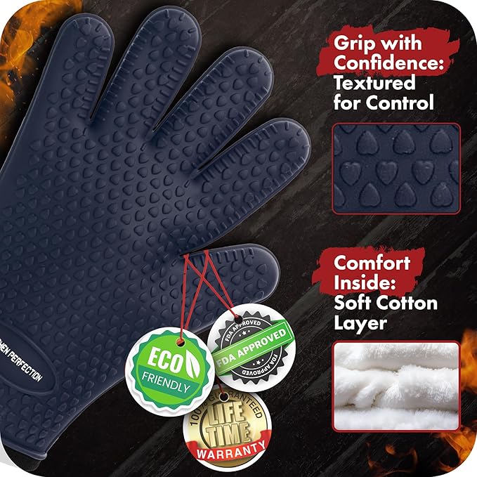 KITCHEN PERFECTION XL Silicone Smoker Oven Gloves-Extreme Heat Resistant BBQ Gloves-Handle Hot Food Right on Your Grill Fryer&Pit|Waterproof Grilling Cooking Baking Mitts|Superior Value Set+3 Bonuses