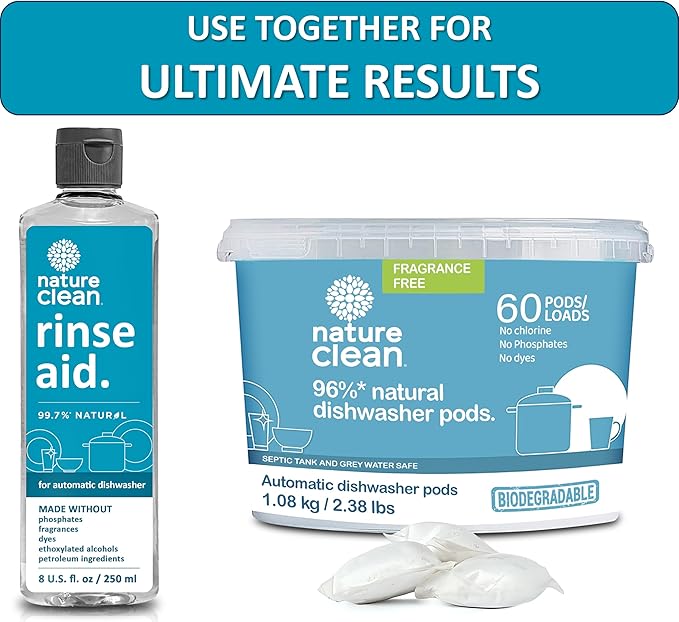 Nature Clean All Natural Dishwasher Rinse Aid Cleaner, Liquid Dishwasher Rinse Agent for Spot-Free Glass & Cutlery in Hard Water, Non Toxic Dish Washer Rinse Aid & Stain Remover, 8 oz/250ml, Pack of 3