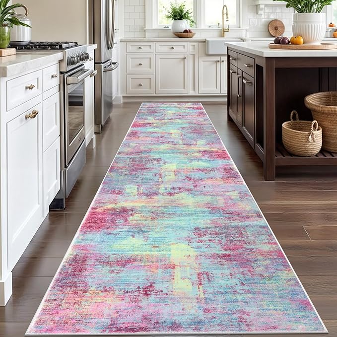 IOHOUZE Abstract Runner Rug 3x12 Ft Washable Runners for Hallways, Non Slip Kitchen Runner Printed Faux Wool Entryway Runner Indoor, Modern Abstract Floor Carpet for Hall Kitchen, Pink Teal