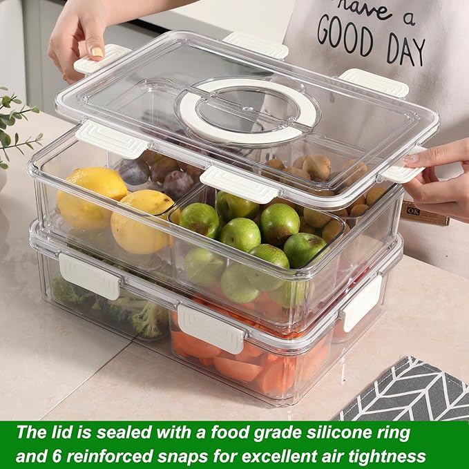 Taiuloo Divided Serving Tray with Lid & Handle, Airtight 4 Compartment Snackle Box Charcuterie Container, Fridge Organizer Bins, Food Storage Container Veggie Tray for Snack, Fruit, Candy, Nuts