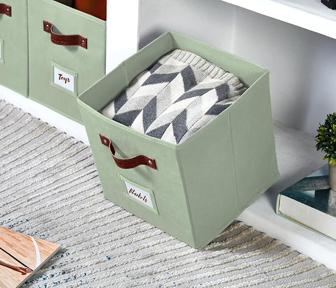 DECOMOMO Storage Bins, Cube Storage Bin with Labels, Fabric Storage Cubes for Shelves (10.5" x 11" / 6pcs, Sage Green)