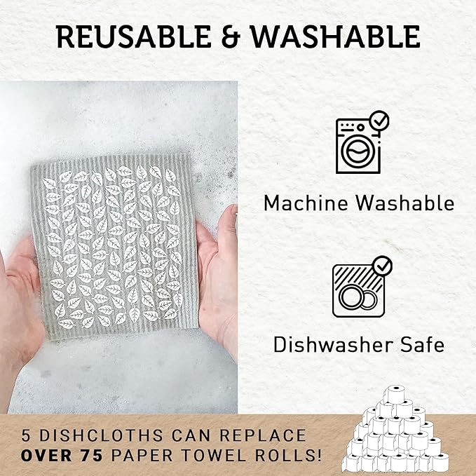 Nordhus Design Swedish Dishcloths, 5 Cloths, Made in Sweden - Reusable, Washable Cellulose Cotton Kitchen Cloths - Replace Paper Towels, Wipes, Sponges, Dish Rags