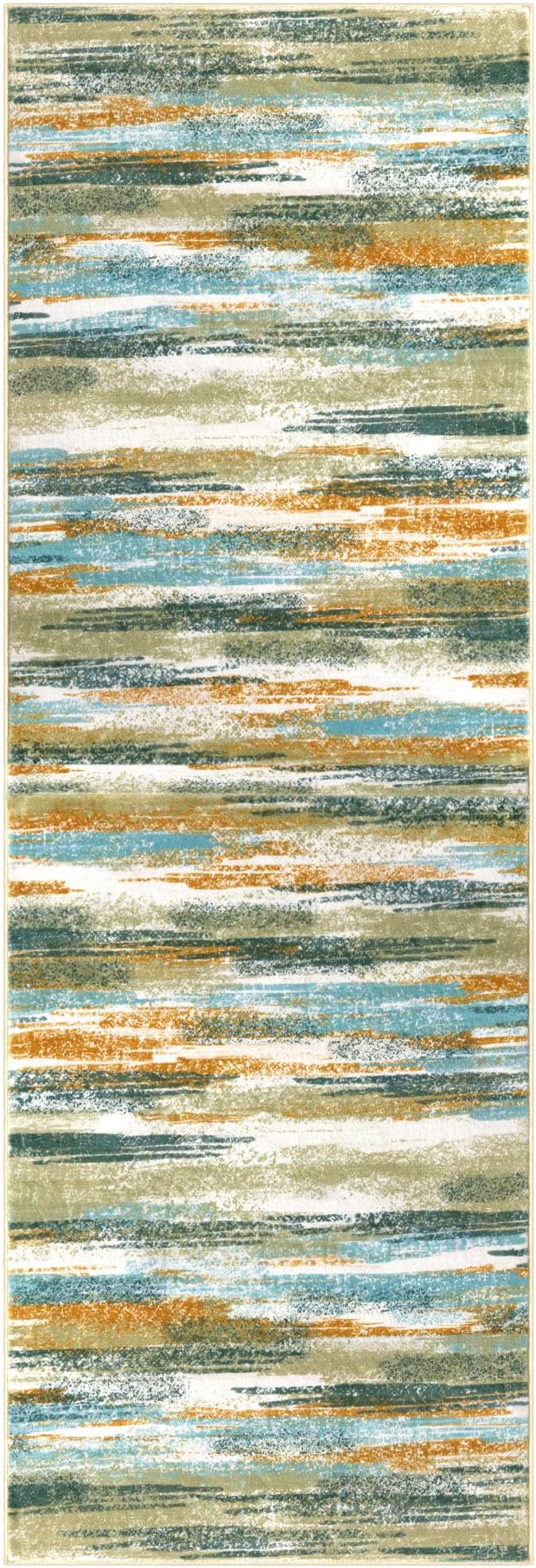 Modern Abstract Runner Rug 2x10, Green Mustard Multi Washable Long Kitchen Runner Non-Slip Soft Hallway Rug Runner Thin Print Faux Wool Carpet for Entryway Bedroom Laundry Room Indoor
