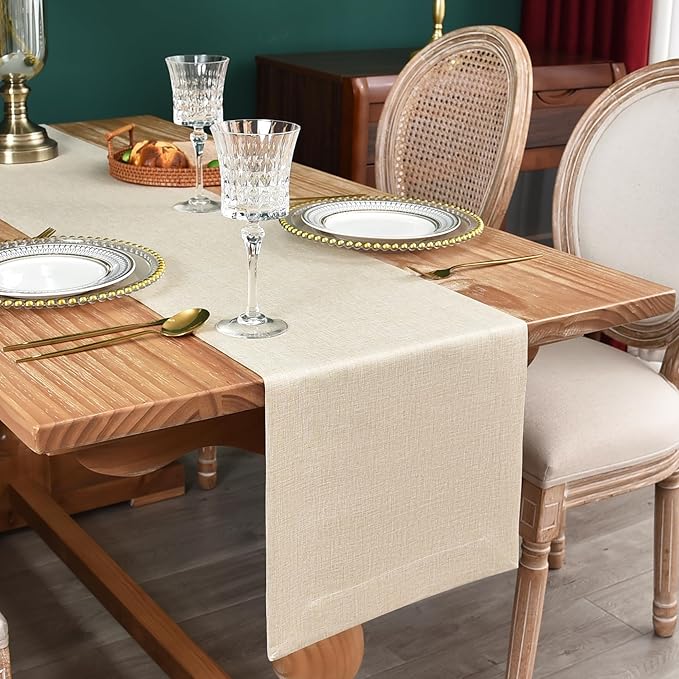 NEWISHER Farmhouse Rustic Table Runner Solid Beige Rectangular Table Runners Faux Linen Table Runner for Everyday Use Kitchen Dining Party Table 13x48 Inch