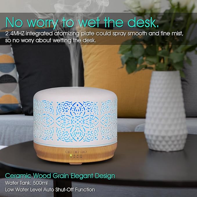 Earnest Living Essential Oil Diffuser White Ceramic Diffuser 500 ml Timers Night Lights and Auto Off Function Home Office Humidifier Aromatherapy Diffusers for Essential Oils