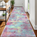 IOHOUZE Abstract Runner Rug 3x12 Ft Washable Runners for Hallways, Non Slip Kitchen Runner Printed Faux Wool Entryway Runner Indoor, Modern Abstract Floor Carpet for Hall Kitchen, Pink Teal