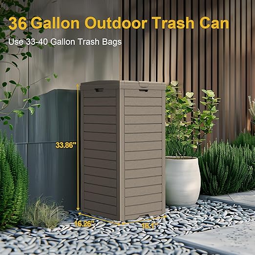 31 Gallon Outdoor Trash Can with Tiered Lid and Drip Tray,Waterproof Resin Waste Bin Indoor,Durable,Stylish,Lightweight Garbage Bin for Patio,Kitchen,Backyard and Office(Gray)