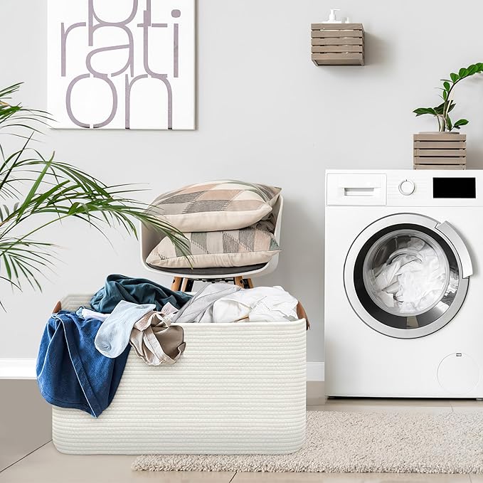 Large Collapsible Laundry Basket, Clothes Hamper for Blanket, Toy, Towels, Woven Baskets for Storage, Nursery Home Decor Living room 21.6" x 15" x 11.8" White