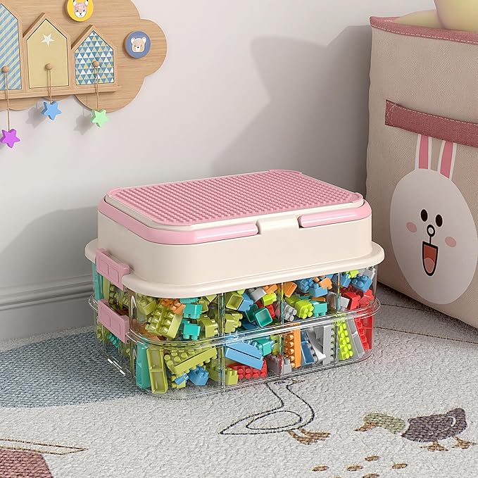 Toy Storage Organizer Box with Handle, Stackable Building Block Toy Box with Building Plate Lid & Removable Sorting Trays, Cubby Bins and Containers 2 Layer (Pink)