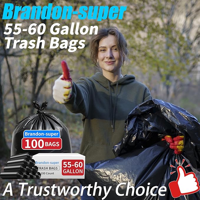 Brandon-super 55-60 Gallon Trash Bags, 100 count, Sturdy & Tear-Resistant Commercial Can Liners 55 Gallon, Large Garbage Bags, Large Black Trash Bags for Commercial, Lawn and Leaf Bags