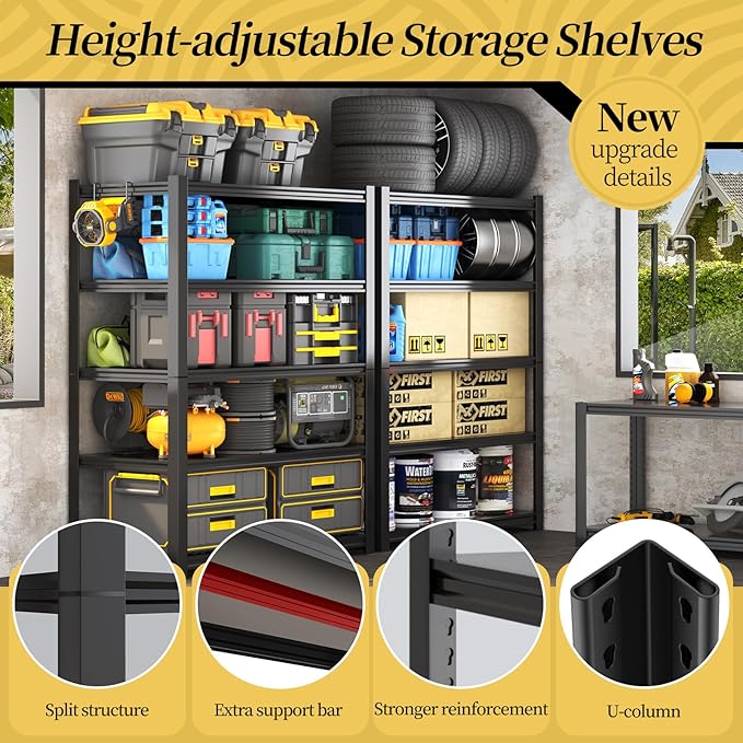 47.8" W Heavy Duty Garage Shelving 3000LBS Storage Shelves, Adjustable 5-Tier Storage Rack, Metal Shelves for Garage/Warehouse/Basement, 47.8" W x 19.8" D x 72" H, 4 Pack