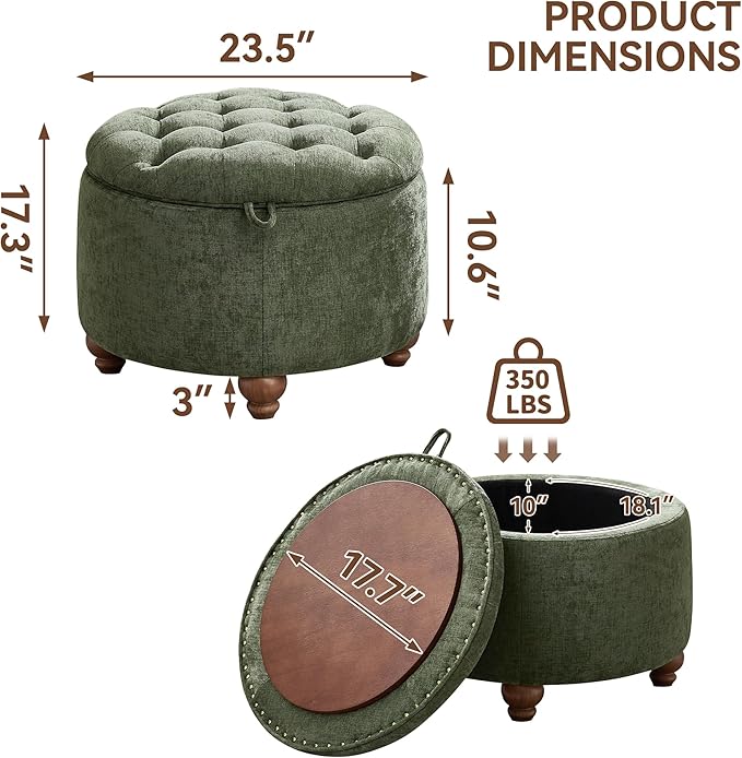 24Inch Round Storage Ottoman with Tray, Modern Tufted Circle Coffee Table with Storage, Upholstered Ottoman with Removable Top for Living Room, Bedroom, Chenille Green