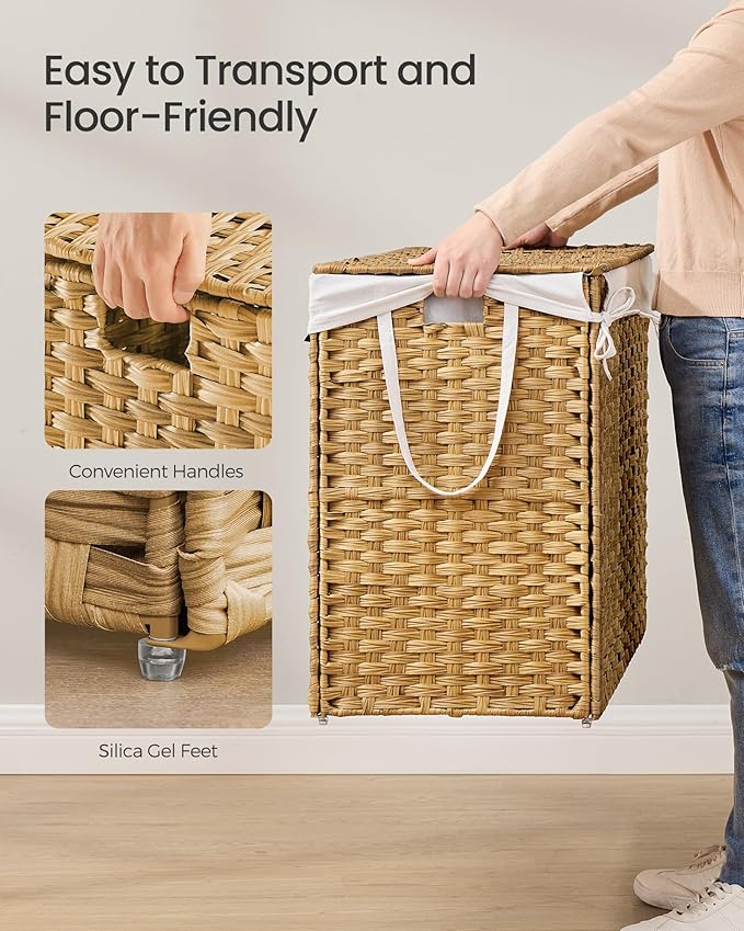 SONGMICS Laundry Hamper with Lid, 29.1 Gallon (110 L) Synthetic Rattan Clothes Laundry Basket with Lid and Handles, Foldable, Removable Liner, Goose Yellow ULCB152Y01