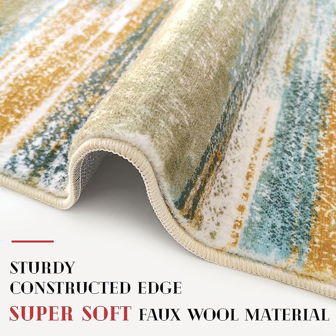 Modern Abstract Runner Rug 2x10, Green Mustard Multi Washable Long Kitchen Runner Non-Slip Soft Hallway Rug Runner Thin Print Faux Wool Carpet for Entryway Bedroom Laundry Room Indoor