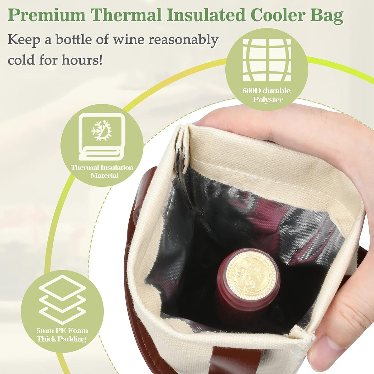 Tirrinia Single Wine Carrier Tote, Insulated Cooler Bag for Travel, Picnic & Gifts Padded Bottle Holder Tote for Men & Women, Canvas Beige