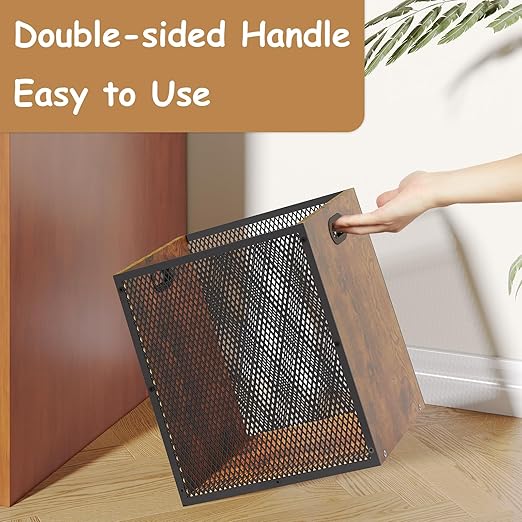 Retro Office Trash Can, Iron and Wood Combination Bedroom Garbage Can, Rectangular Design Wastebasket with Handle, Industrial Style Trash Can for Home Office, 4.5 Gallon (Patent Pending)