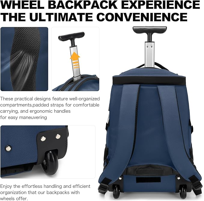 Boavan Rolling Backpack,17 inch Water Resistant Wheeled Backpack,Carry on Luggage Business Bag, Overnight College Computer bag Trolley Suitcase for Men Women Adults to Travel，Black