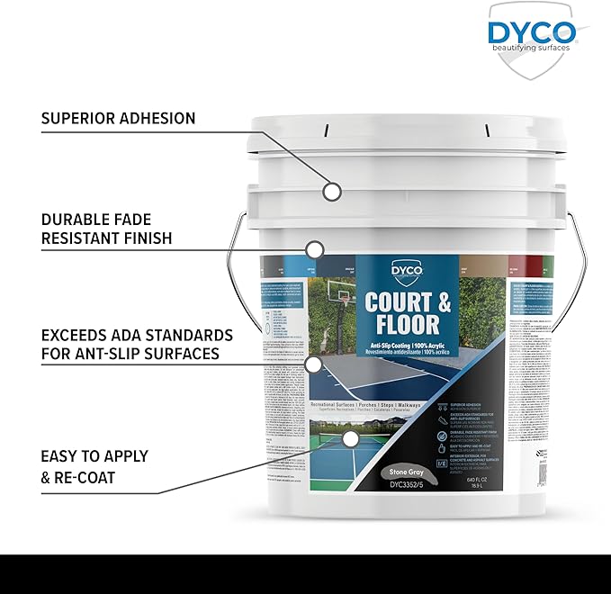 DYCO Court & Floor Anti-Slip Coating - Slip-Resistant Pavement, Cement & Concrete Paint for Pickleball, Tennis & Basketball Courts, Exceeds ADA Standards for Safety Areas (Stone Gray, 5 Gallons)