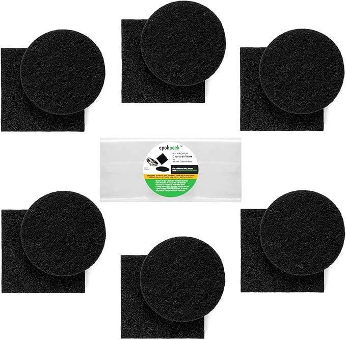 Epohpeek Compost Bin Filters Charcoal - Filter Replacement for Kitchen Pail Composter, 12 Pack Extra Thick (1cm) Fits Gallon Bucket Countertop Bins - Activated Carbon, 6 Round 6 Square, Both 6.5”