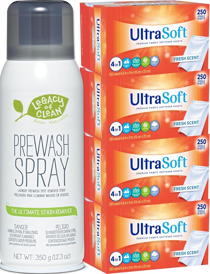 Laundry Prewash Spray Aerosol 12.3 Oz (Ultimate Tough Stain Remover for White Shirts/Clothes w/o Scrub/Soak),Plus 4-in-1 Fabric Softener Dryer Sheets 6.4"x9" 1000 Single PCS (Drive Clothes Ultra Soft)