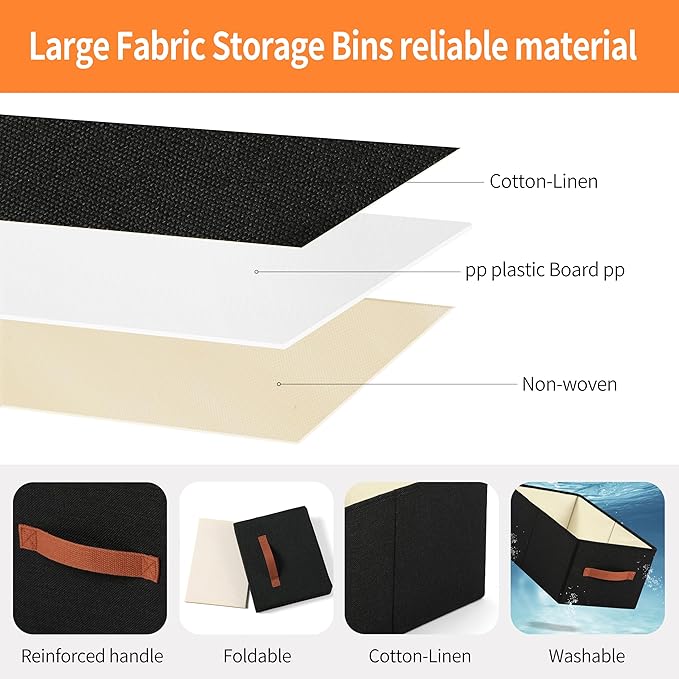 linen closet organizers and storage, 3 Pack Large Storage Baskets, Washable, Clothing Storage Bins with Handle, Closet Organizer for Storage Sweater,Sheets (Black, 18½"x11"x8½")