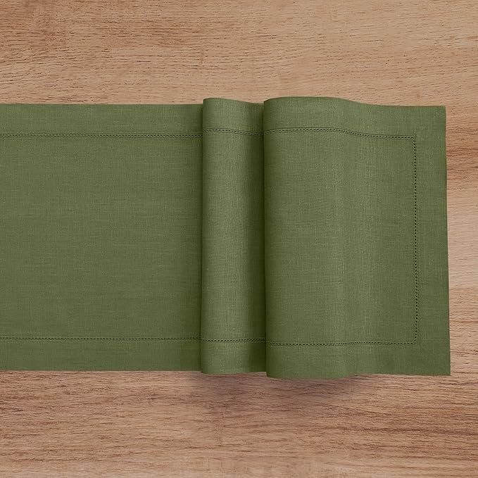 Solino Home Linen Olive Table Runner 132 Inches Long - 100% Pure Linen Extra Long Table Runner 14 x 132 Inch for Christmas, New Year - Classic Hemstitch