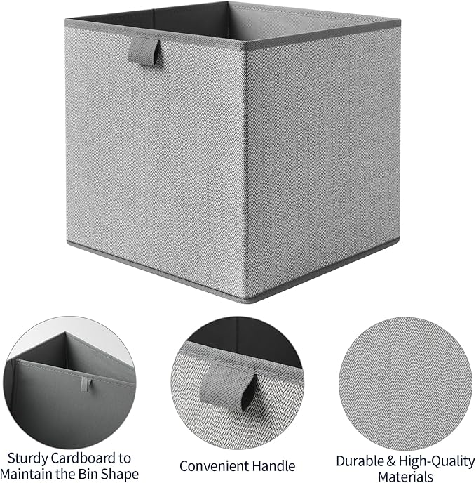 Storage Baskets, 11.8-Inch Woven Fabric Bins, Storage Cubes with Reinforced Handles, Organizer Bins for Closet Shelves, Foldable, for Toys, Clothes, Natural Beige (3PCS/Grey-11.8*11.8*11.8inch)