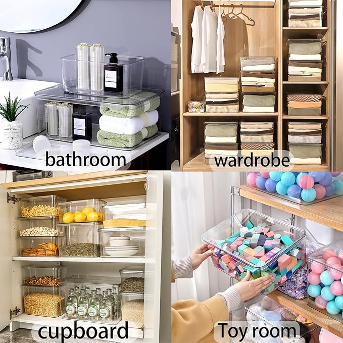Lidded Plastic Storage Bins Set Clear Desk Basket Box Organizer Kitchen Container Clothes Laundry Closet Cabinet Shelf, Organization and Storage for Shelves Office Bathroom(clear 3XL+2M)
