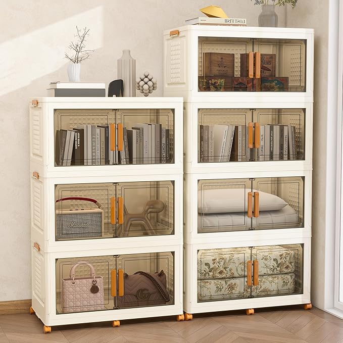 Plastic Stackable Storage Bins with Lids and Wheels, Foldable Closet Organizers and Storage Containers for Bathroom, Collapsible Clear Drawer Storage Cabinet with Doors White 38Gal 3Tiers