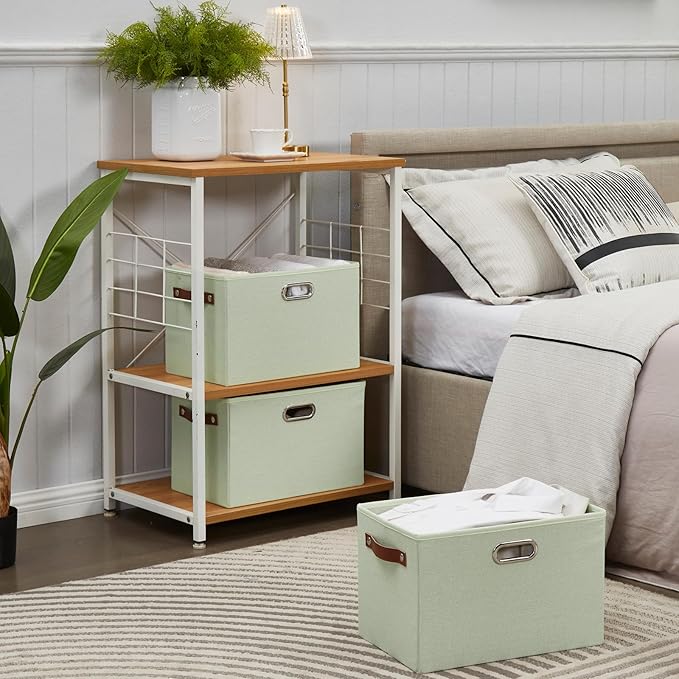 Large 3-Pack Foldable Fabric Storage Bins with Durable PU & Metal Handles, Collapsible Storage Baskets for Shelves, Home Storage, Closet Organizers, Living Room(14.9"x9.8"x9.8", Sage Green)