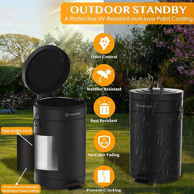 PAWZIDEA Dog Poop Trash Can Outside Odor Control, 3.1 Gallon Outdoor Trash Can with Lid, Waterproof Pet Waste Disposal Container, Small Poop Bin Step Garbage Can, 7.8in Activated Carbon Filter, Black