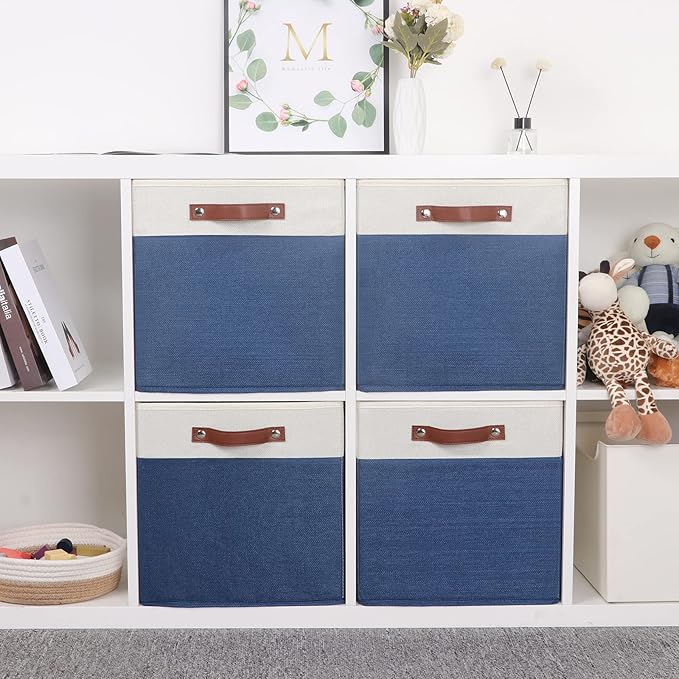 Temary Fabric Storage Bins for Cube Organizer 4 Pack Cube Storage Bins 13 Storage Cubes for Shelves Storage Baskets for Organizing Books, Clothes, Towels (White & Blue, 13x13x13 Inch)