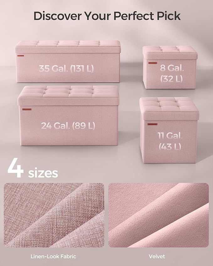 SONGMICS MAZIE Collection - 43 Inches Folding Storage Ottoman Bench, Ottoman Foot Rest, End of Bed Bench, Storage Chest, Load 660 lb, for Living Room, Bedroom, Entryway, Jelly Pink ULSF077R11