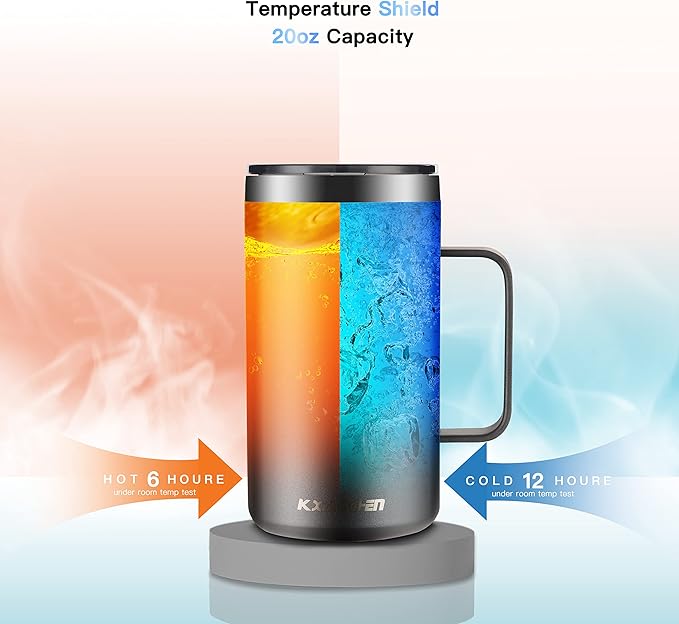 KXIAOCHEN 20oz Insulated Coffee Mug with Lid, Stainless Steel Coffee Cup, Double Wall Vacuum Coffee Tumbler with Handle, Premium Thermal Travel Coffee Mug (Silver grey)