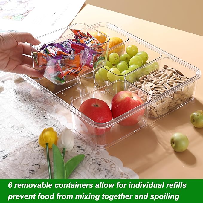 Taiuloo Divided Serving Tray with Lid & Handle, Airtight 6 Compartment Snackle Box Charcuterie Container, Fridge Organizer Bins, Food Storage Container Veggie Tray for Snack, Fruit, Candy, Nuts