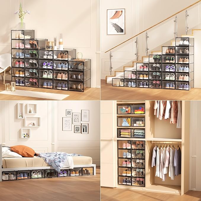 12 Pack XX Large Shoe Organizer Storage Boxes for Closet, Modular Space Saving Shoe Boxes Clear Plastic Stackable Sneaker Containers Display Case with Lids, Black