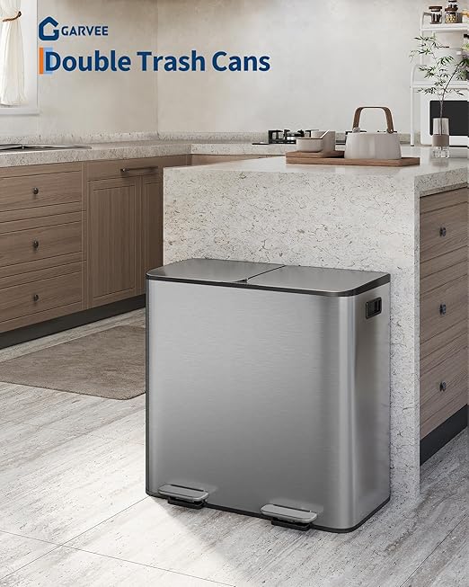 GarveeHome 2 x 10.6 gal Stainless Steel Double Trash Can with Lid for Kitchen, Large Dual Trash and Recycle Bin Combo, Step-on Kitchen Metal Garbage Cans, PP Inner Buckets, Liner Rim, Matte Grey