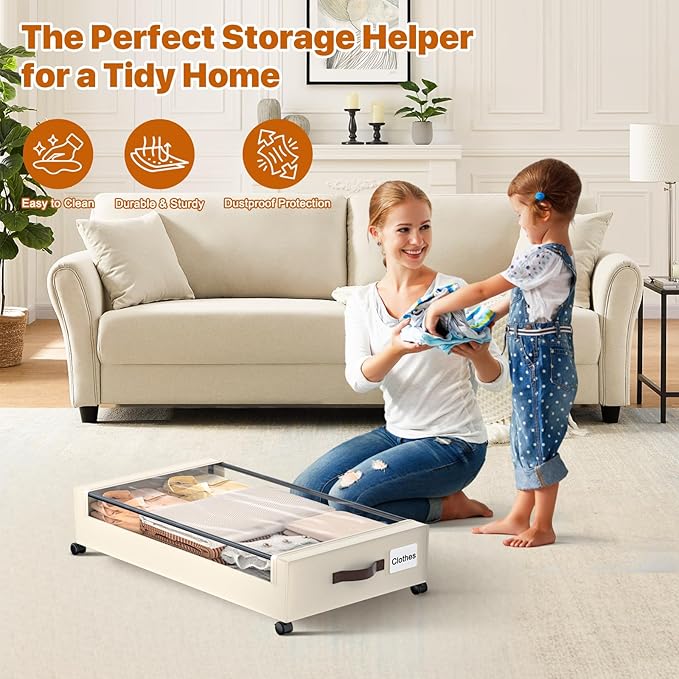 Under Bed Storage with Wheels,XXL 60L Under Bed Storage Containers with Clear Lids, Rolling Under Bed Metal Drawer for Clothes, Shoes,Toys (White, 2 Pack)