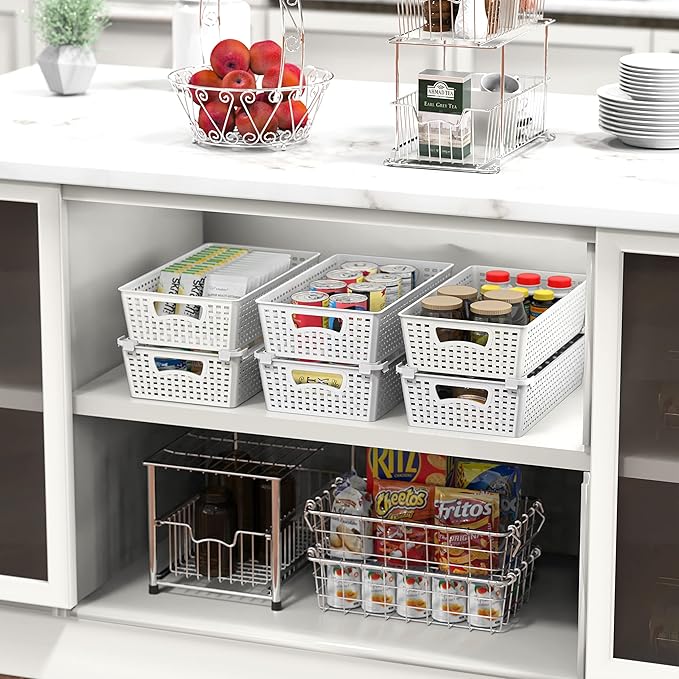 Simple Houseware Plastic Stackable Storage Basket Pantry Organizer, 6 Pack, 14.5" x 8.5" x 3.5", White