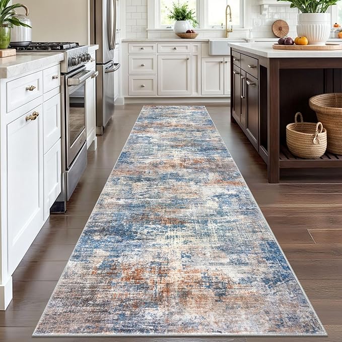 IOHOUZE Abstract Runner Rug 3x12 Ft Washable Runners for Hallways, Non Slip Kitchen Runner Printed Faux Wool Entryway Runner Indoor, Modern Abstract Floor Carpet for Hall Kitchen, Blue Rust