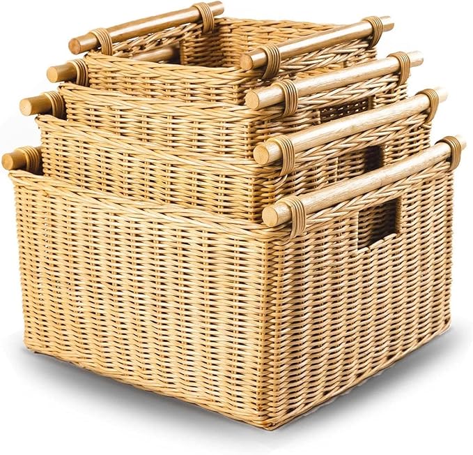 The Basket Lady Deep Pole Handle Wicker Storage Basket, Small, 11.5 in L x 11.5 in W x 8 in H, Sandstone