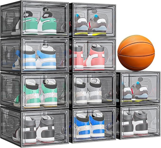 10 Pack Thicken Shoe Organizer Stackable,Upgraded Sturdy Shoe Storage Box with Magnetic Door,Shoe Containers For Sneaker Display,Hat Organizer,Black…