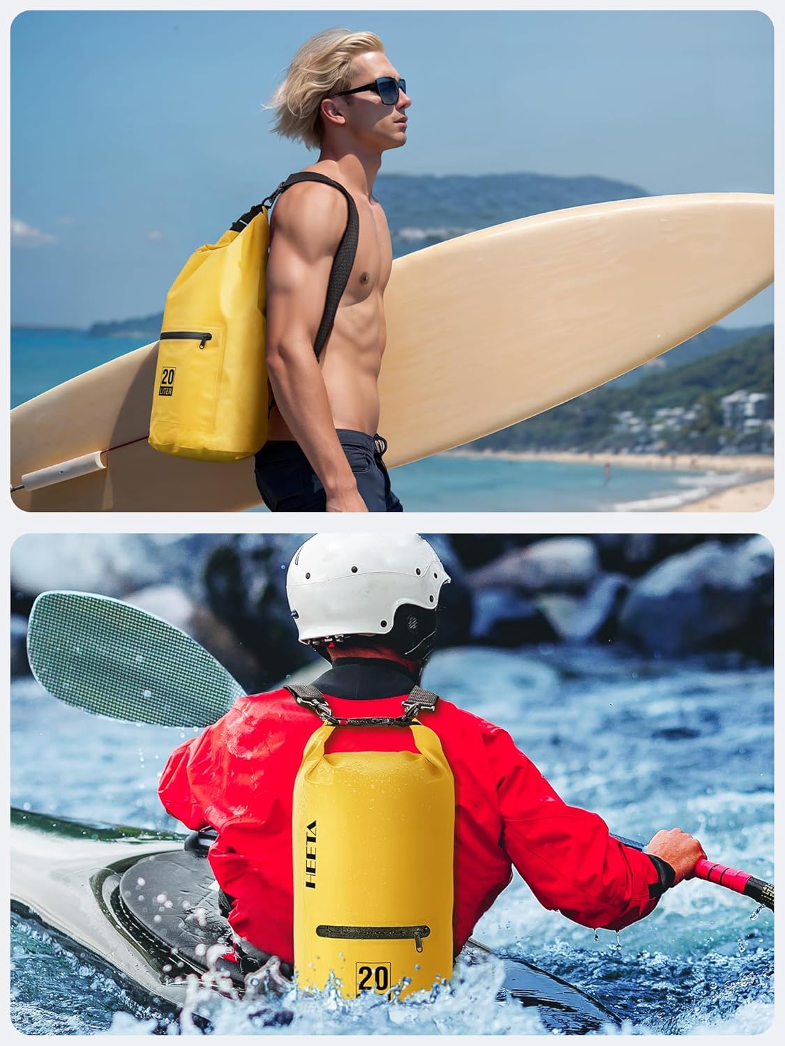 HEETA Waterproof Dry Bag with Front Zippered Pocket for Women Men, 5L/10L/20L/30L/40L Roll Top Lightweight Dry Storage Bag Backpack for Travel, Kayaking, Boating, Rafting, Camping, Hiking & Beach