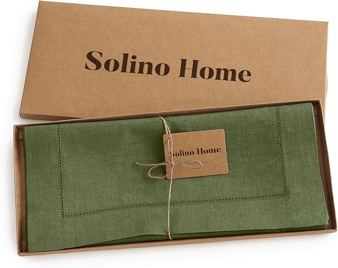 Solino Home Linen Olive Table Runner 132 Inches Long - 100% Pure Linen Extra Long Table Runner 14 x 132 Inch for Christmas, New Year - Classic Hemstitch