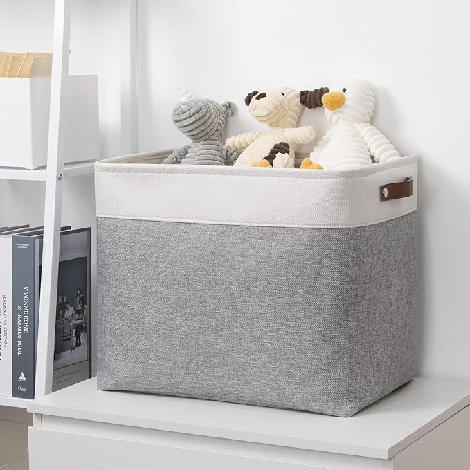 DULLEMELO Large Storage Baskets with Handles, Fabric Storage Bins for Organizing Clothes Toys Books, Canvas Storage Bin for Office Bedroom Closet Nursery Laundry Storage (White&Gray)