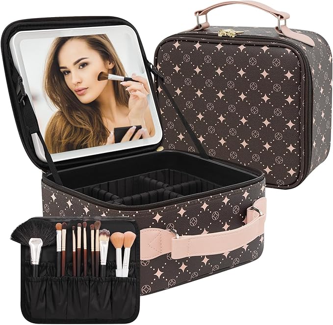 Travel Makeup Bag With 360° rotating LED Mirror,Waterproof cosmetic organizer,Portability Cosmetic case,Makeup organizer,Gift for Women,Girls Gift (Coffee + Pink)