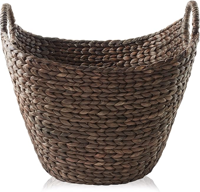 Casafield Large Laundry Boat Basket with Handles - Espresso, Woven Water Hyacinth Multipurpose Storage Organizer for Throw Blankets, Bathroom, Bedroom, Living Room