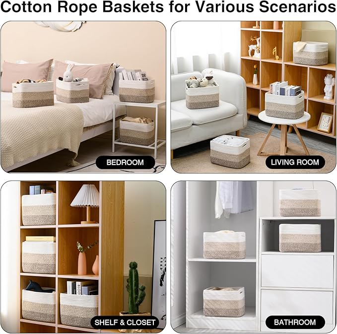 Small Storage Baskets for Organizing Shelves, Woven Cotton Rope Basket for Storage, Cute Rectangular Book Toy Baskets, 12.7"×9.1"×7.9", 4 Packs, Gradient Brown